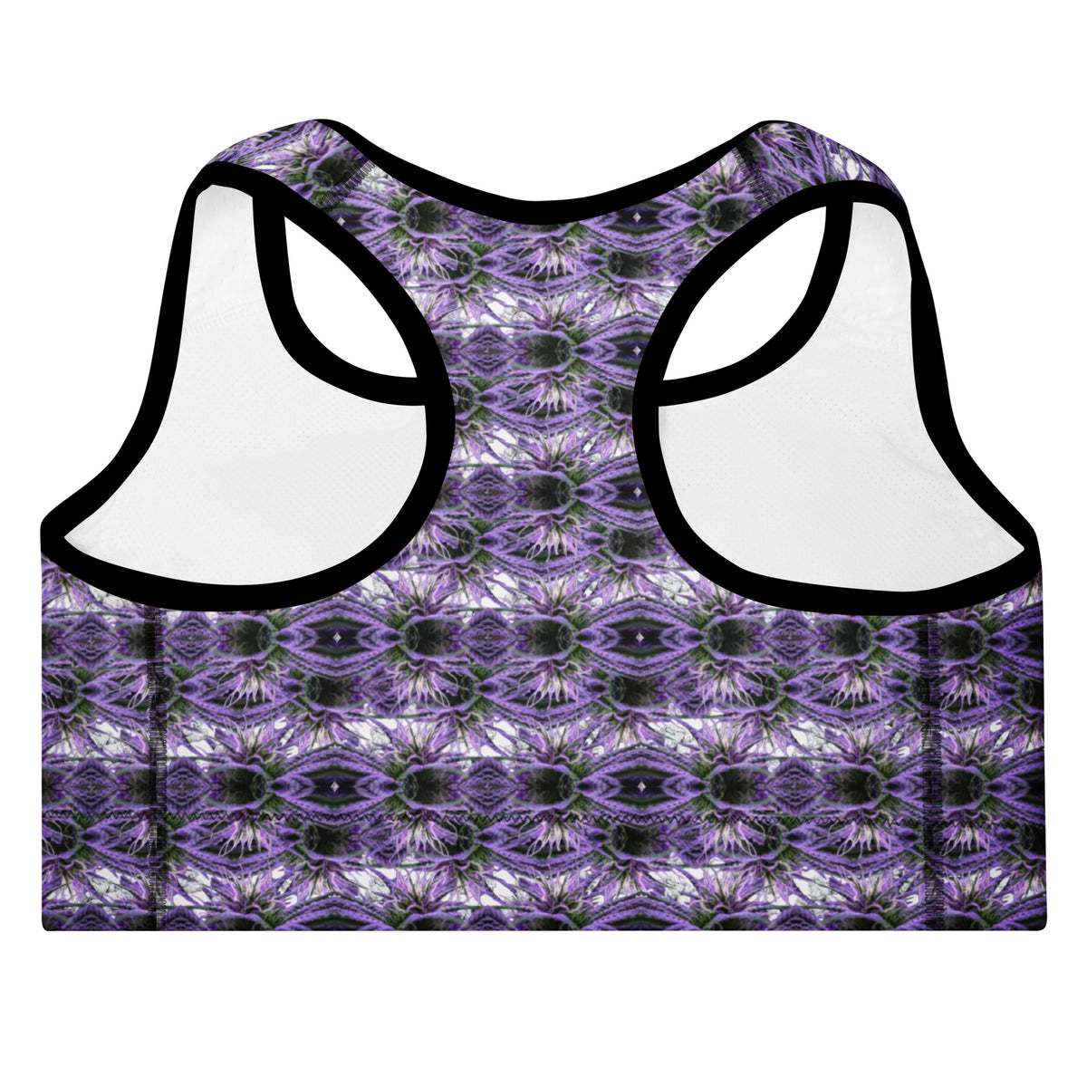 BudWear Budwear sports bra with all-over print and padding, shown from the back in black, designed for active wear and support.