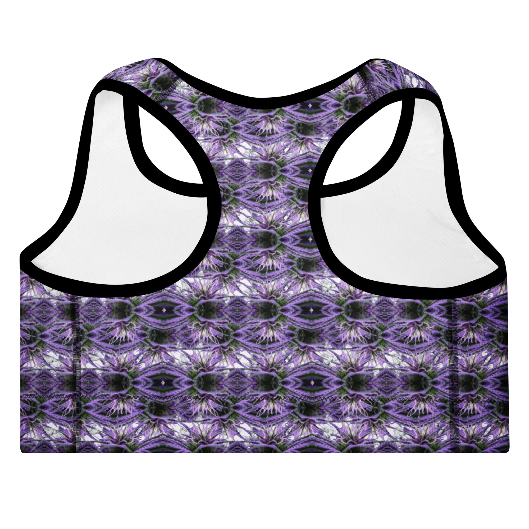 Purple Bud Sports Bra by BudWear featuring all-over print, padded design, and a sleek black back for activewear comfort.