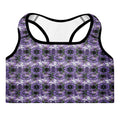 Purple Bud Sports Bra by BudWear featuring an all-over-print padded design, shown from the front.