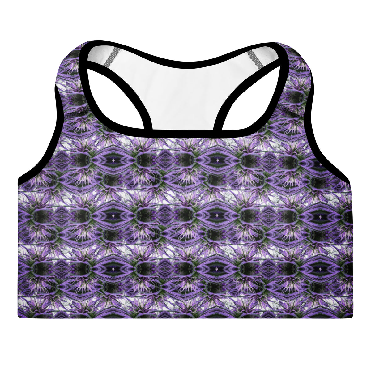 Black BudWear CUT-SEW sports bra with all-over print and padded design, front view showcasing supportive fit for active wear.