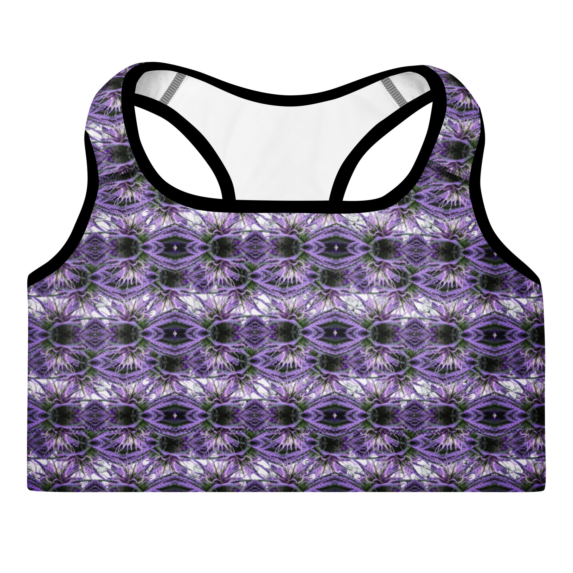 Purple Bud Sports Bra by BudWear featuring an all-over-print padded design, shown from the front.