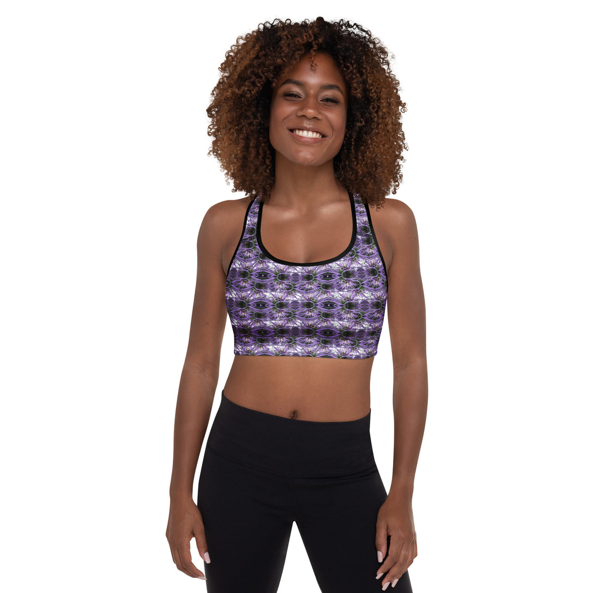 Black BudWear sports bra with all-over print and padding, featuring a sleek front design for activewear and exercise.
