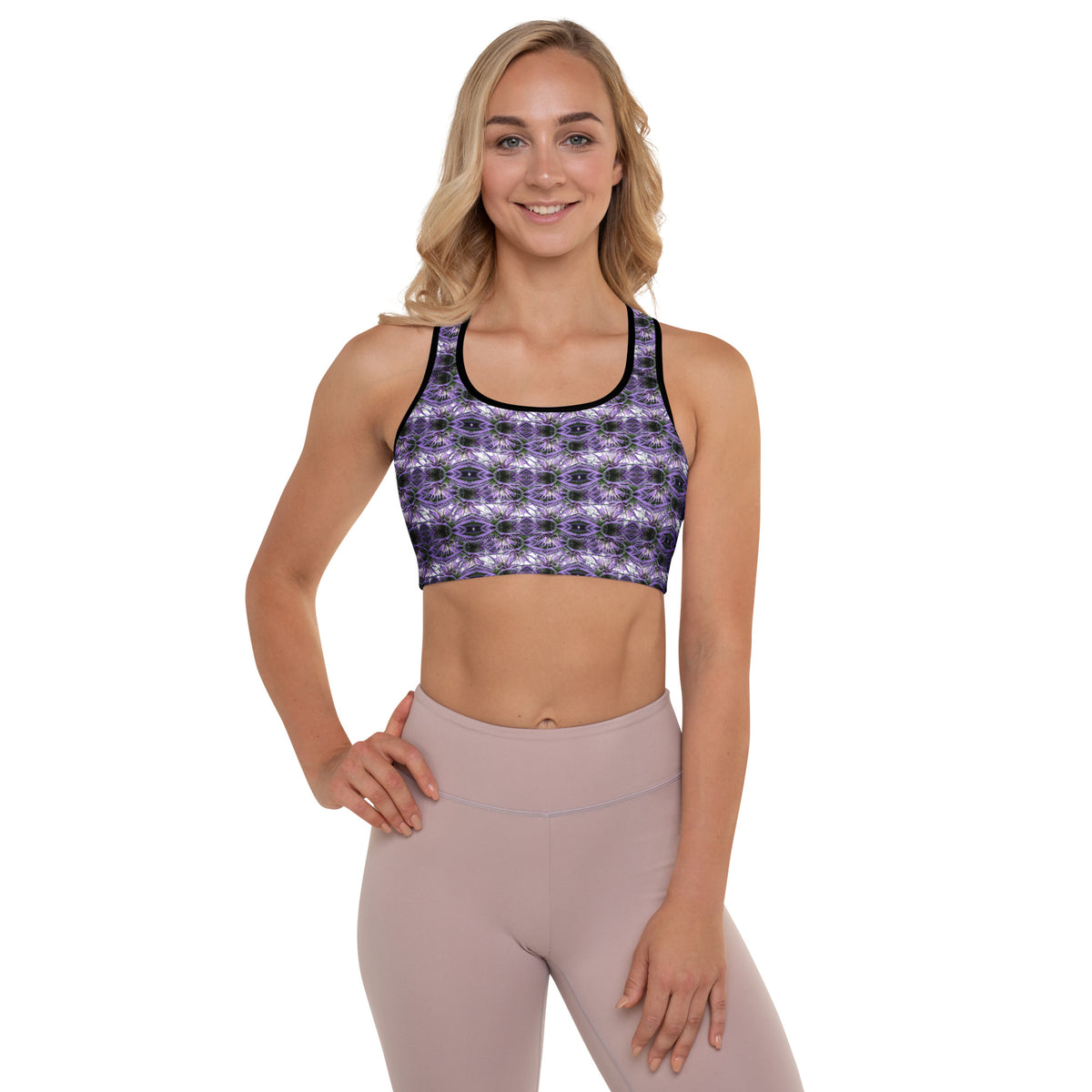 BudWear Budwear Sports Bra with all-over print and padding, front view showcasing its stylish black design.