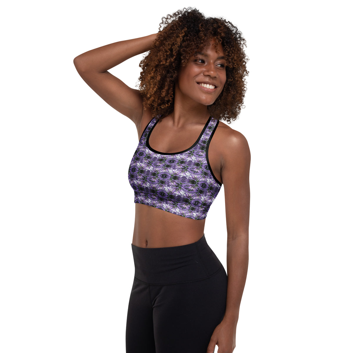 Black BudWear sports bra with all-over print, padded design, and cut-sew construction for activewear and workout support.