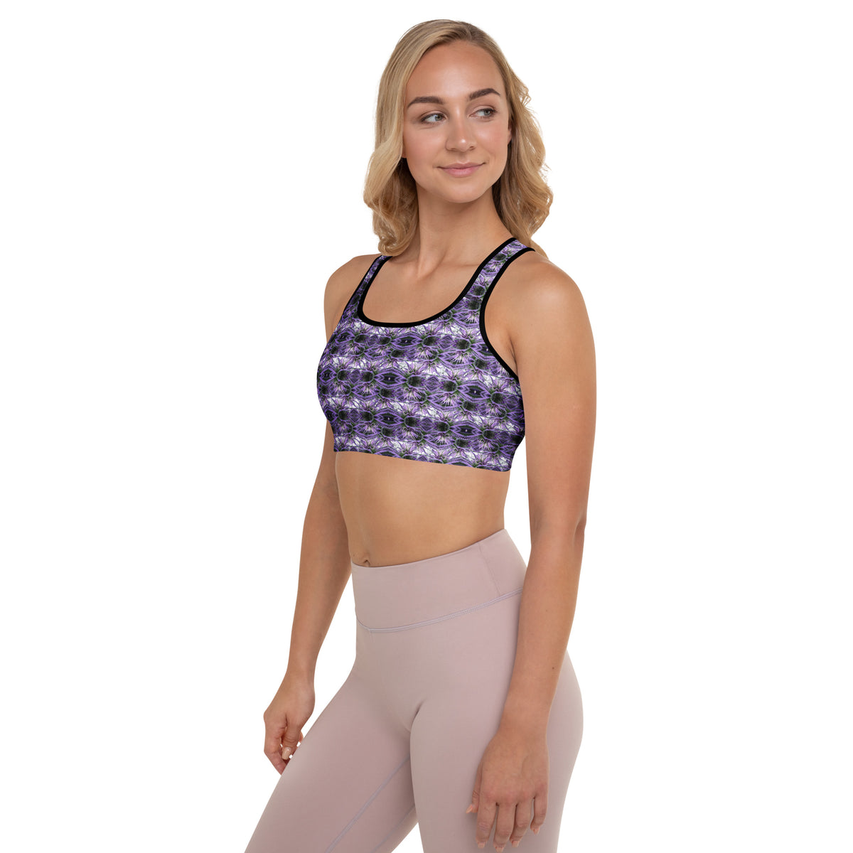 Black BudWear sports bra with all-over print, padded design, and cut-sew construction for comfortable activewear.