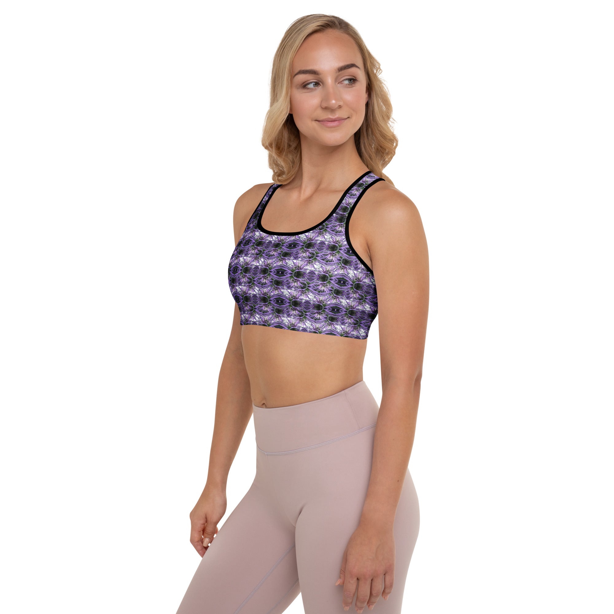Purple Bud Sports Bra by BudWear with all-over print, padded design, and supportive cut-sew style for active wear.