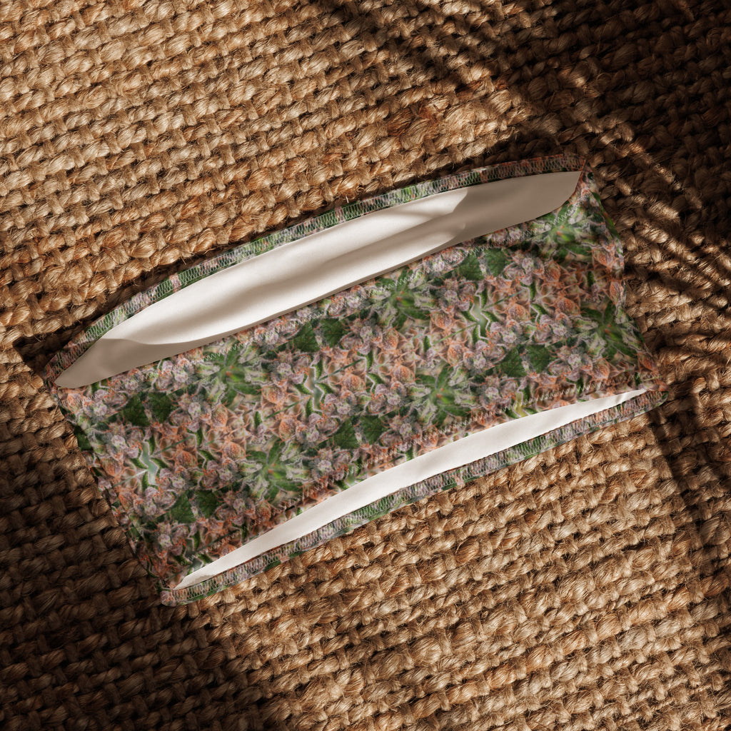 BudWear Trichome Bandeau Bikini Top with all-over print, made from recycled materials, shown from the back in white.