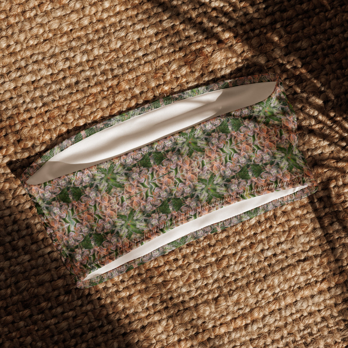 BudWear Trichome Bandeau Bikini Top with all-over white recycled print, cut-sew design, shown from the back.