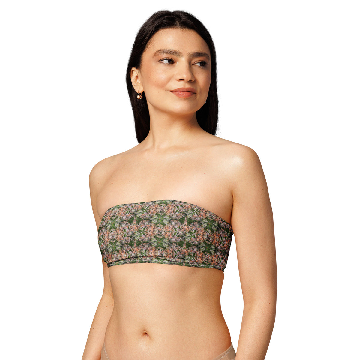 White Trichome Bandeau Bikini Top by BudWear featuring all-over recycled print, soft fabric, and secure strapless design.