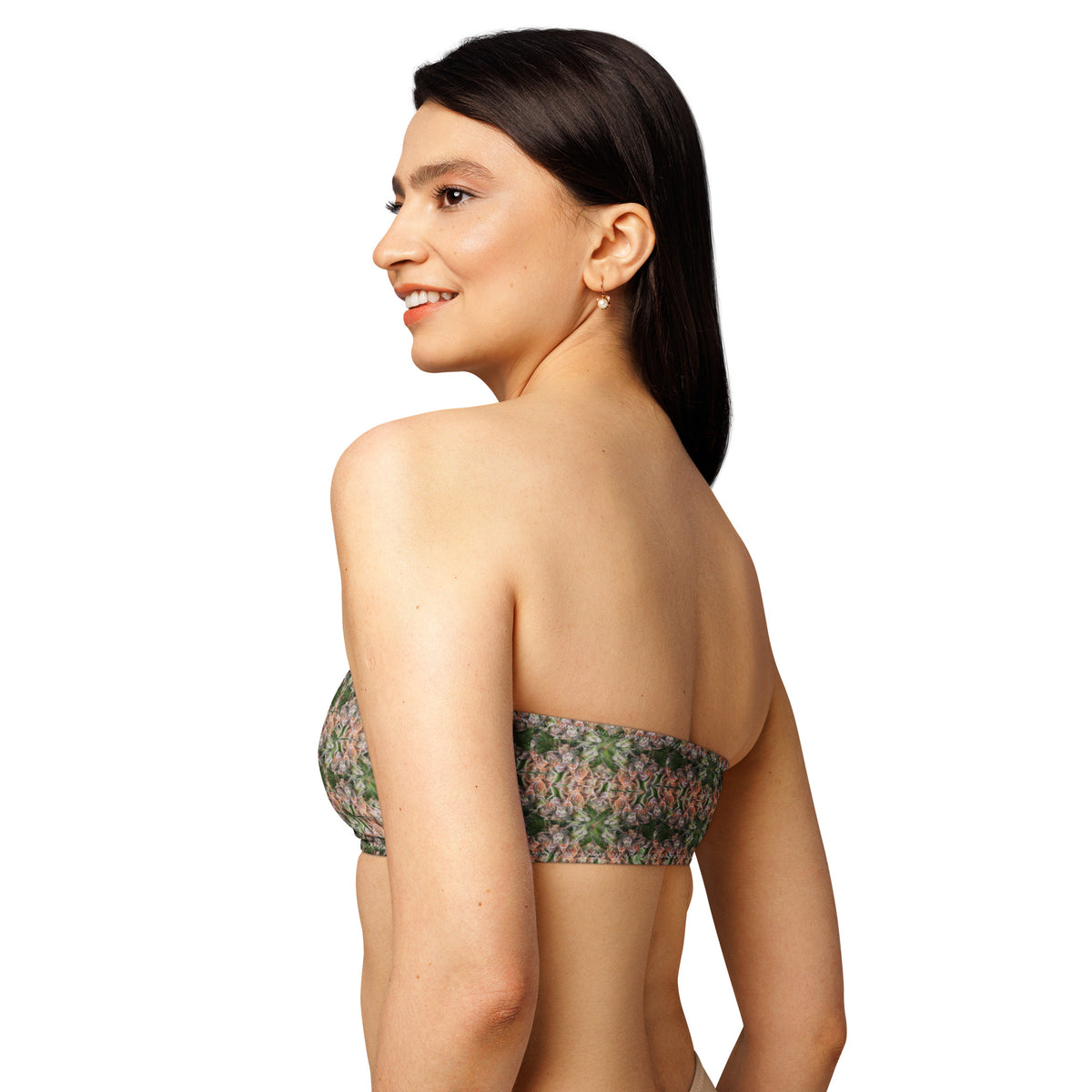 BudWear Trichome Bandeau Bikini Top with all-over print, made from recycled materials, featuring a sleek cut-sew design in white.
