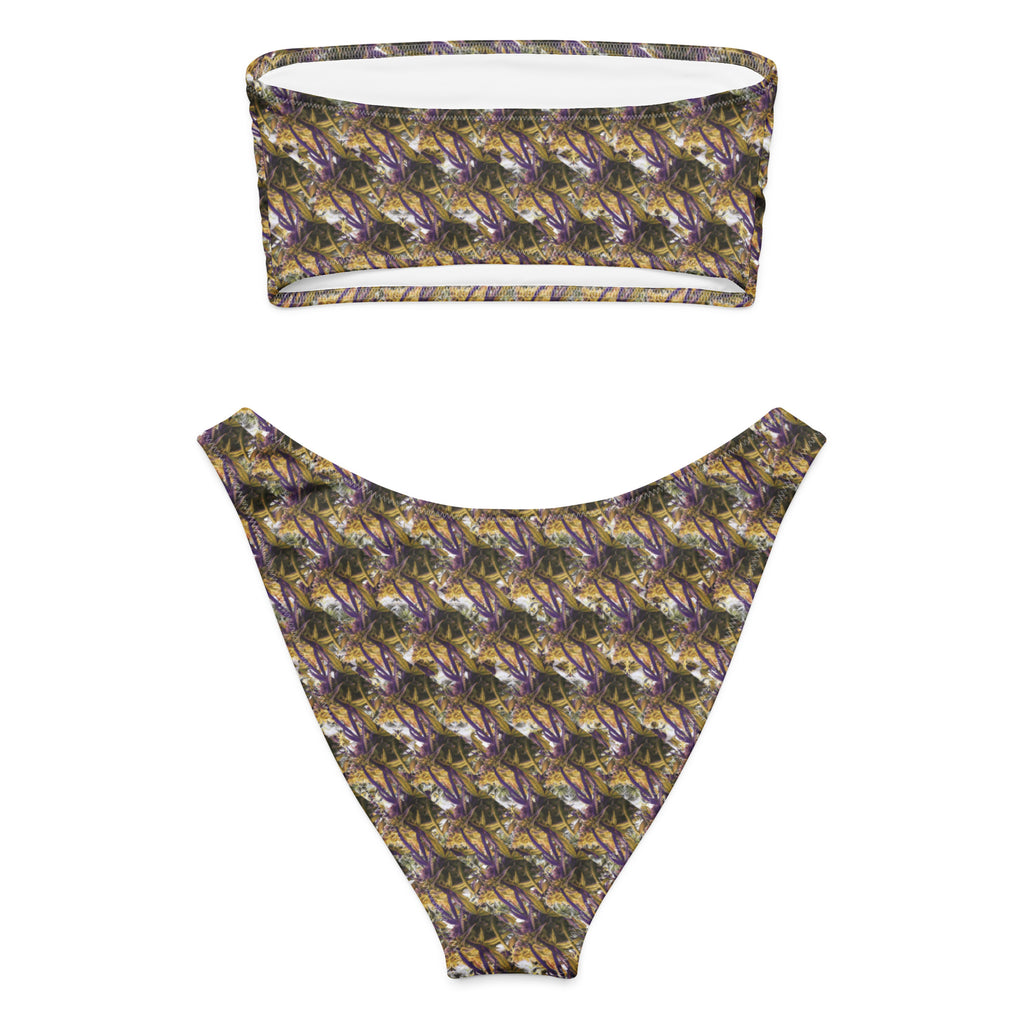 Purple-bud mix bandeau bikini by BudWear featuring all-over white recycled print, front view with back strap detail