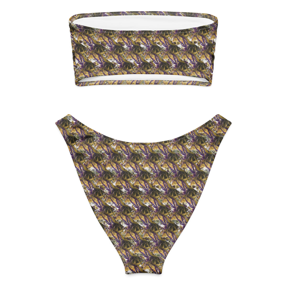 Purple mix CUT-SEW bandeau bikini by BudWear with all-over print, shown from the back on a white background.