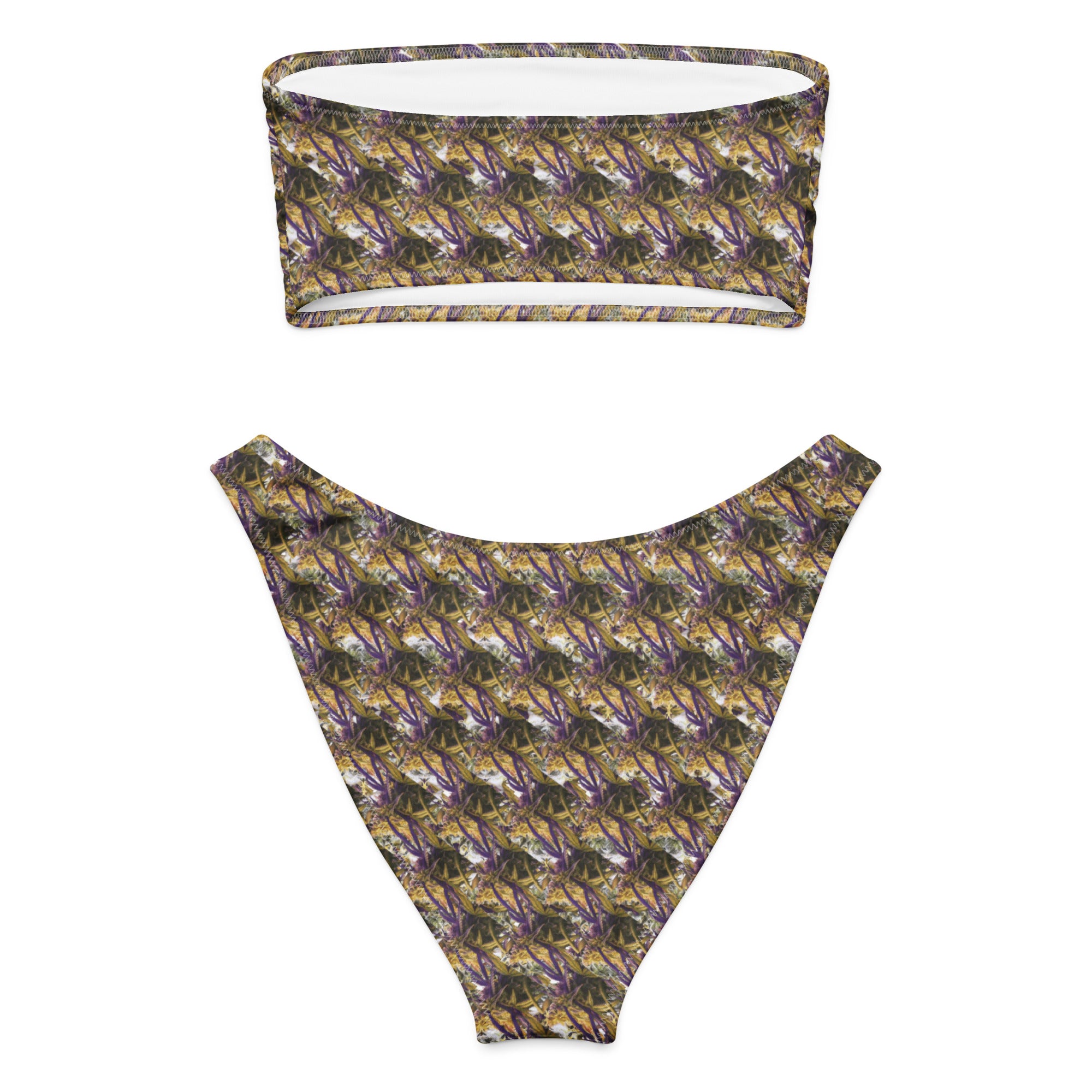 Purple-bud mix bandeau bikini by BudWear featuring all-over white recycled print, front view with back strap detail
