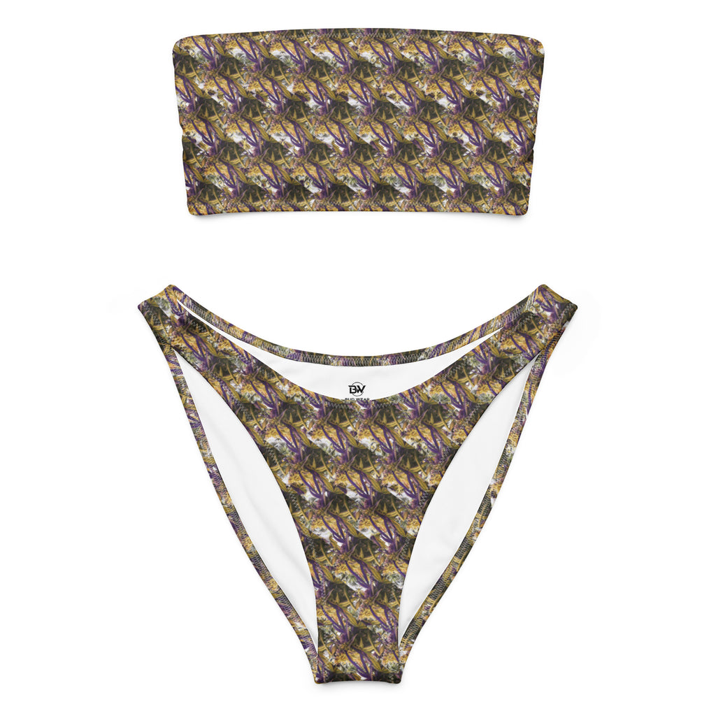 Purple-bud mix bandeau bikini by BudWear featuring an all-over floral print on a recycled fabric bandeau top.