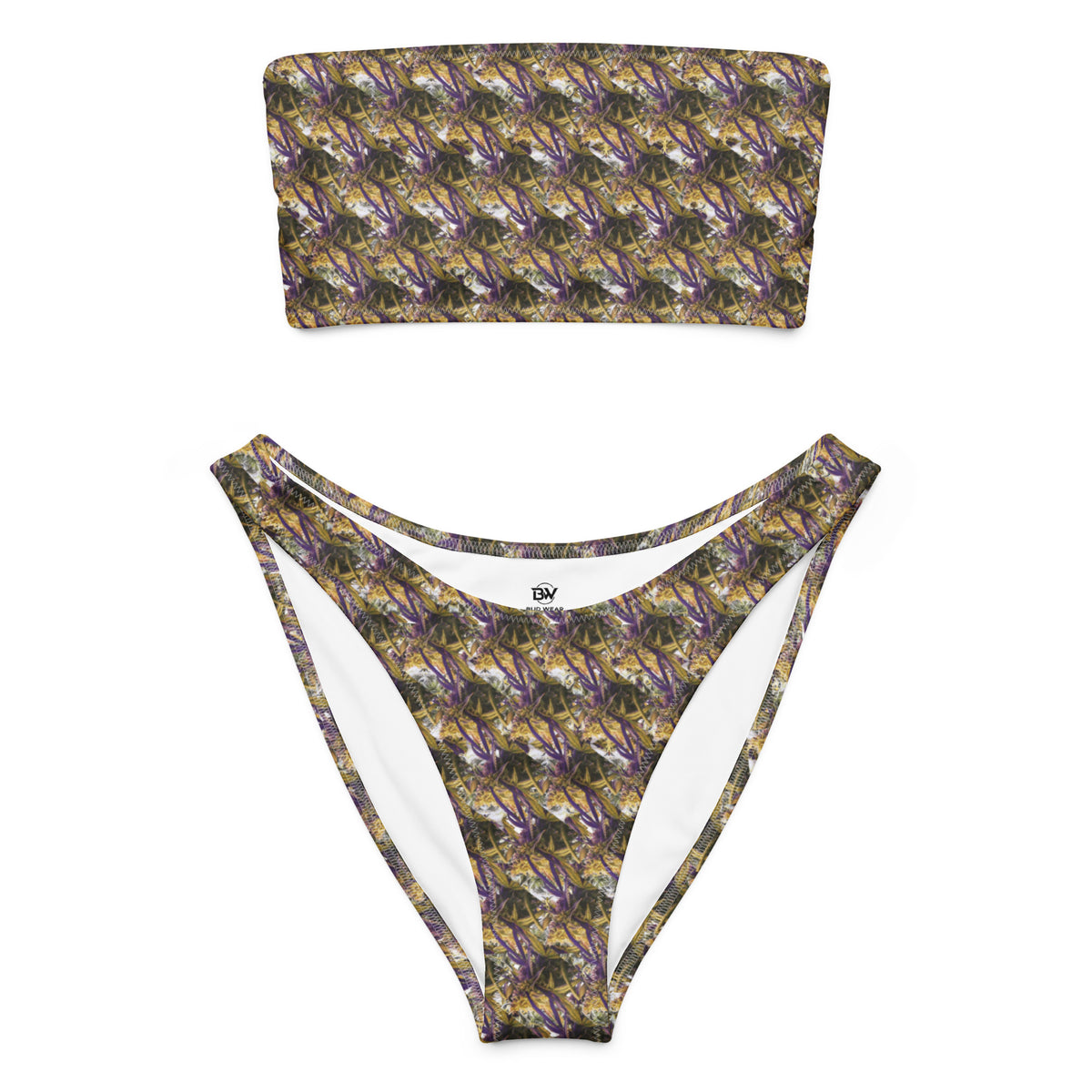 Recycled purple and white bandeau bikini top with all-over print from BudWear, featuring a stylish cut-sew design.