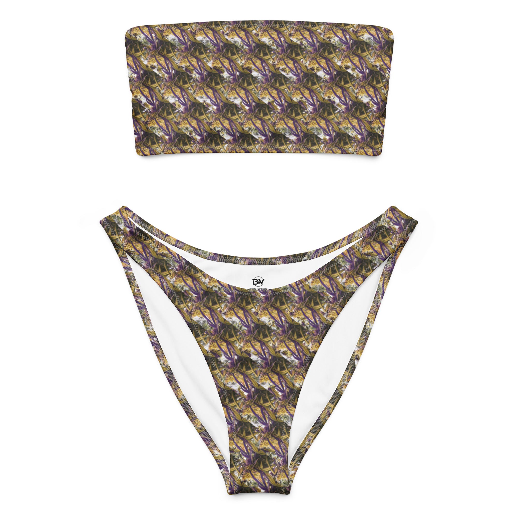 Purple-bud mix bandeau bikini by BudWear featuring an all-over floral print on a recycled fabric bandeau top.