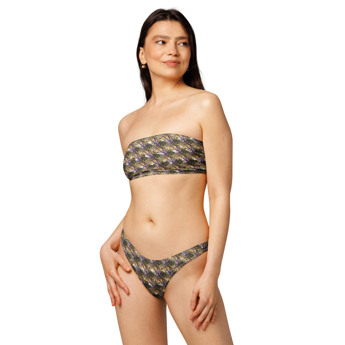 Purple mix CUT-SEW bandeau bikini by BudWear with all-over print, recycled fabric, white background, front view.