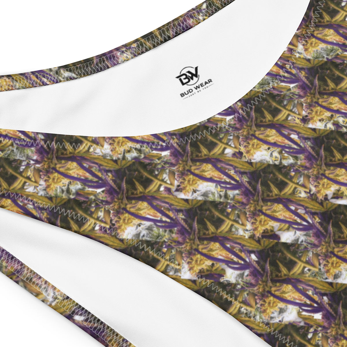Purple mix bandeau bikini by BudWear with all-over print, made from recycled materials, shown on a white background.