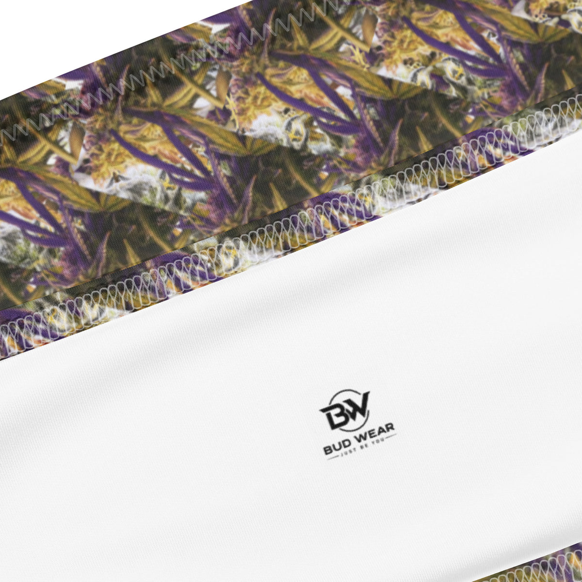 Purple and white recycled bandeau bikini by BudWear, featuring a colorful all-over print, perfect for swimming and beachwear.