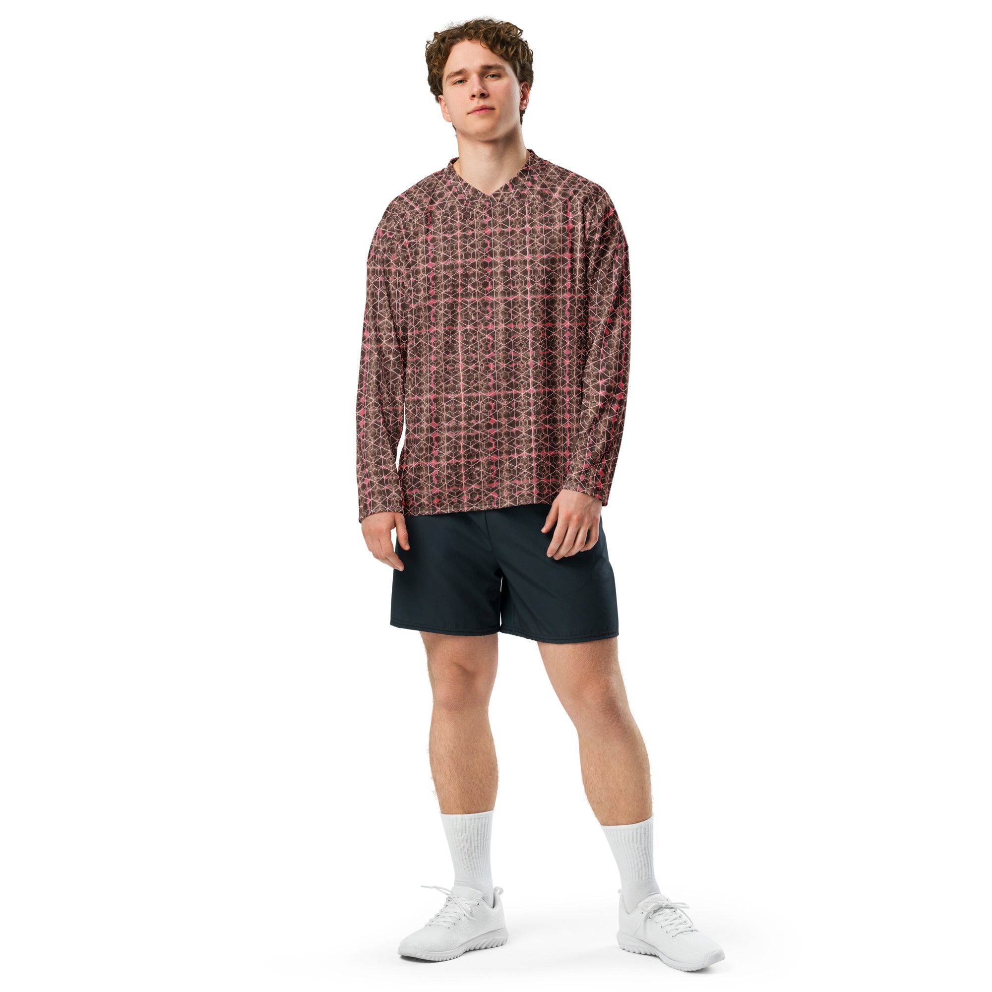 Brown-bud hockey fan jersey by BudWear, all-over print recycled cotton, front view showing vibrant hockey fan design.