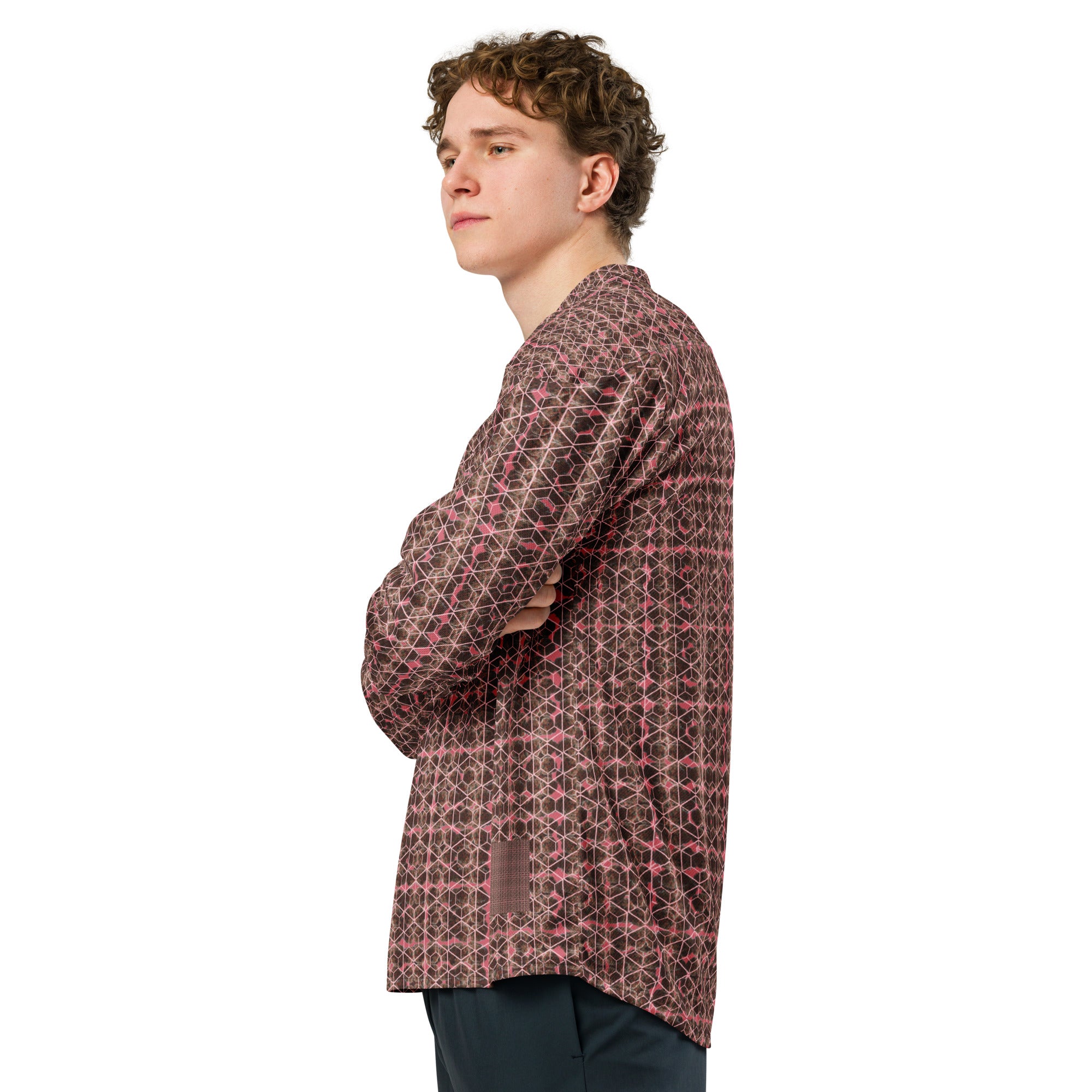 Brown-bud hockey fan jersey from BudWear, all-over-print recycled cotton CUT-SEW hockey jersey with white background, front view.