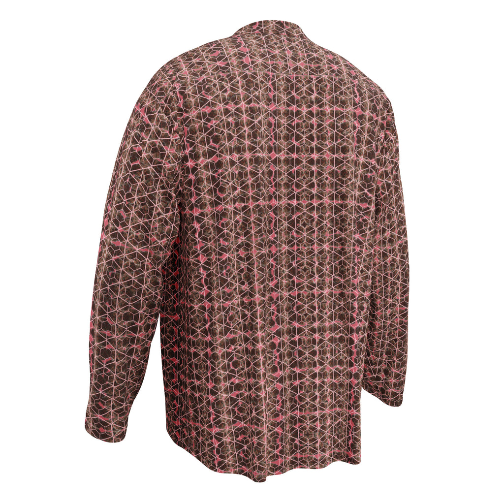 Brown-bud hockey fan jersey by BudWear, all-over print recycled cotton cut-sew, white design shown from left back view.