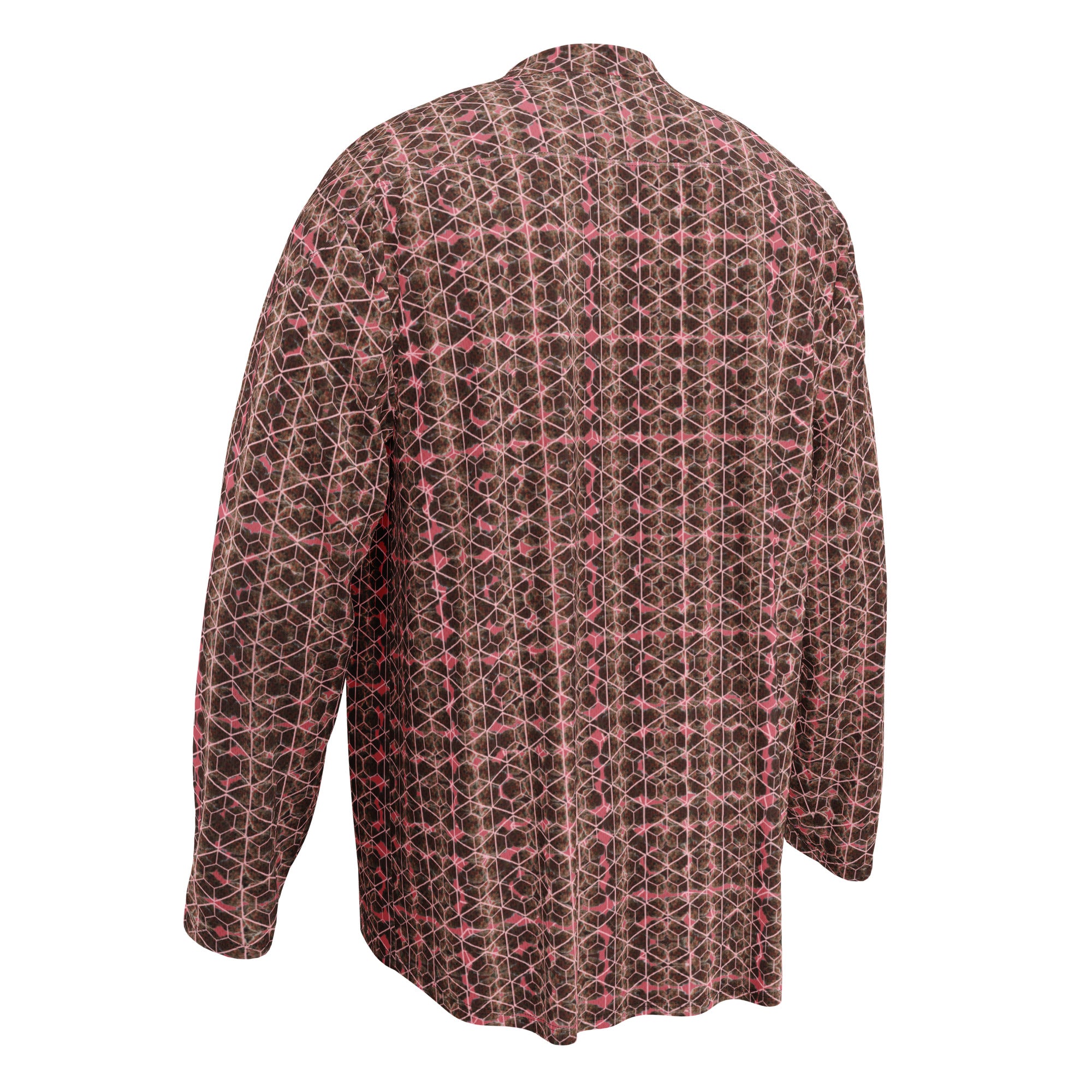 Brown-bud hockey fan jersey by BudWear, all-over print recycled cotton cut-sew, white design shown from left back view.