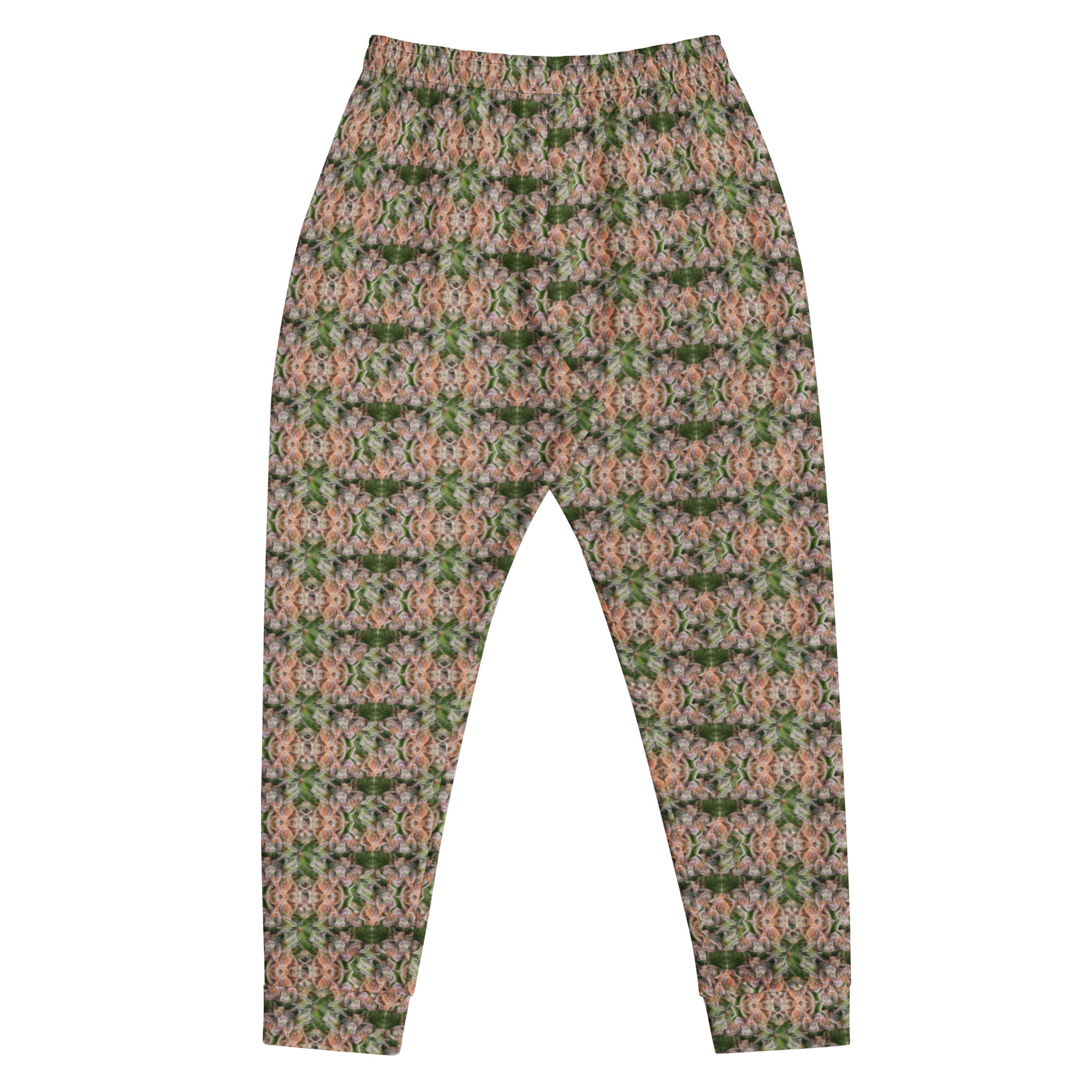 Men's brown cannabis print joggers by BudWear, all-over recycled cotton design, casual style with relaxed fit and bold cannabis pattern.