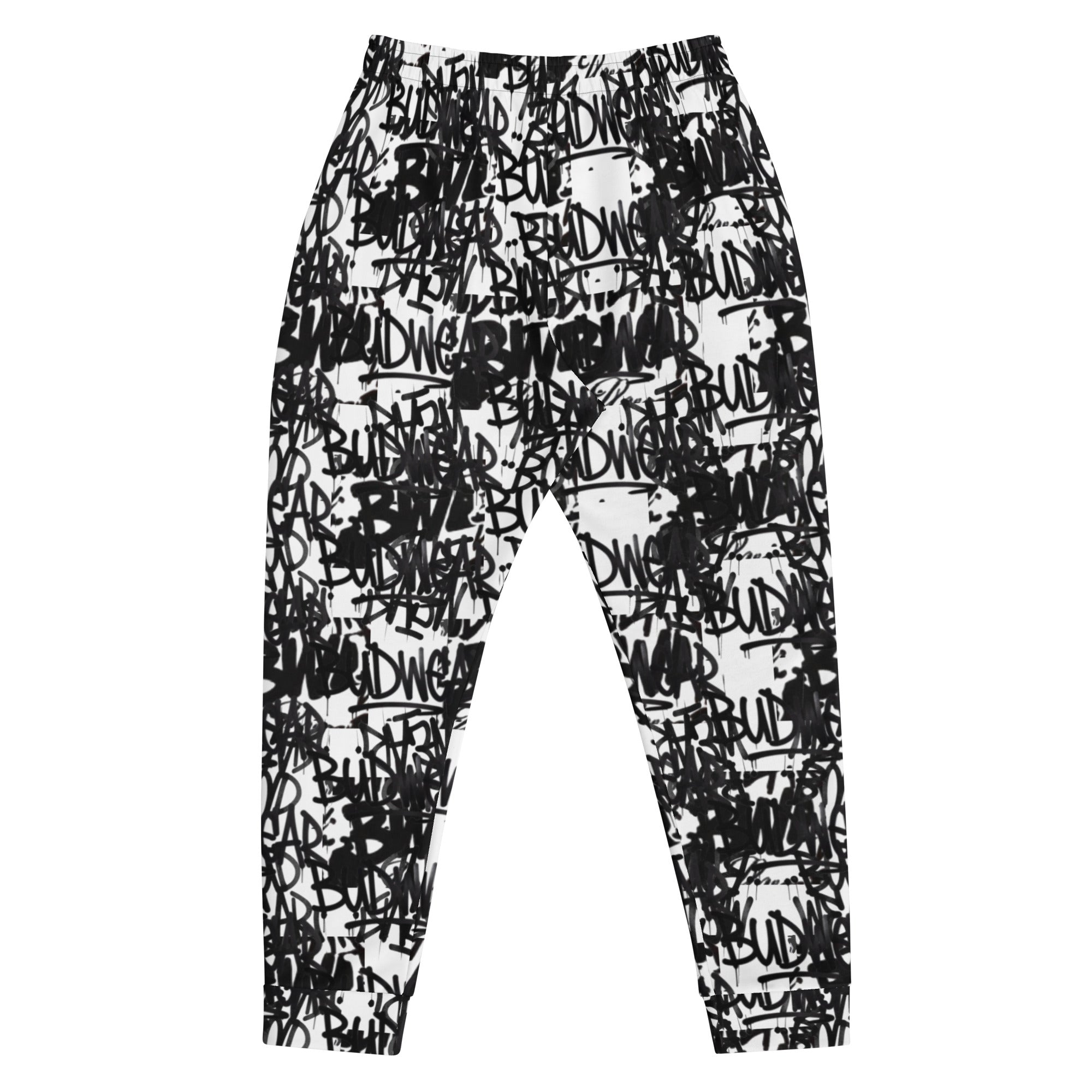 White BudWear Signature men's joggers with all-over recycled print, featuring a comfortable cut-sew design and elastic waistband.