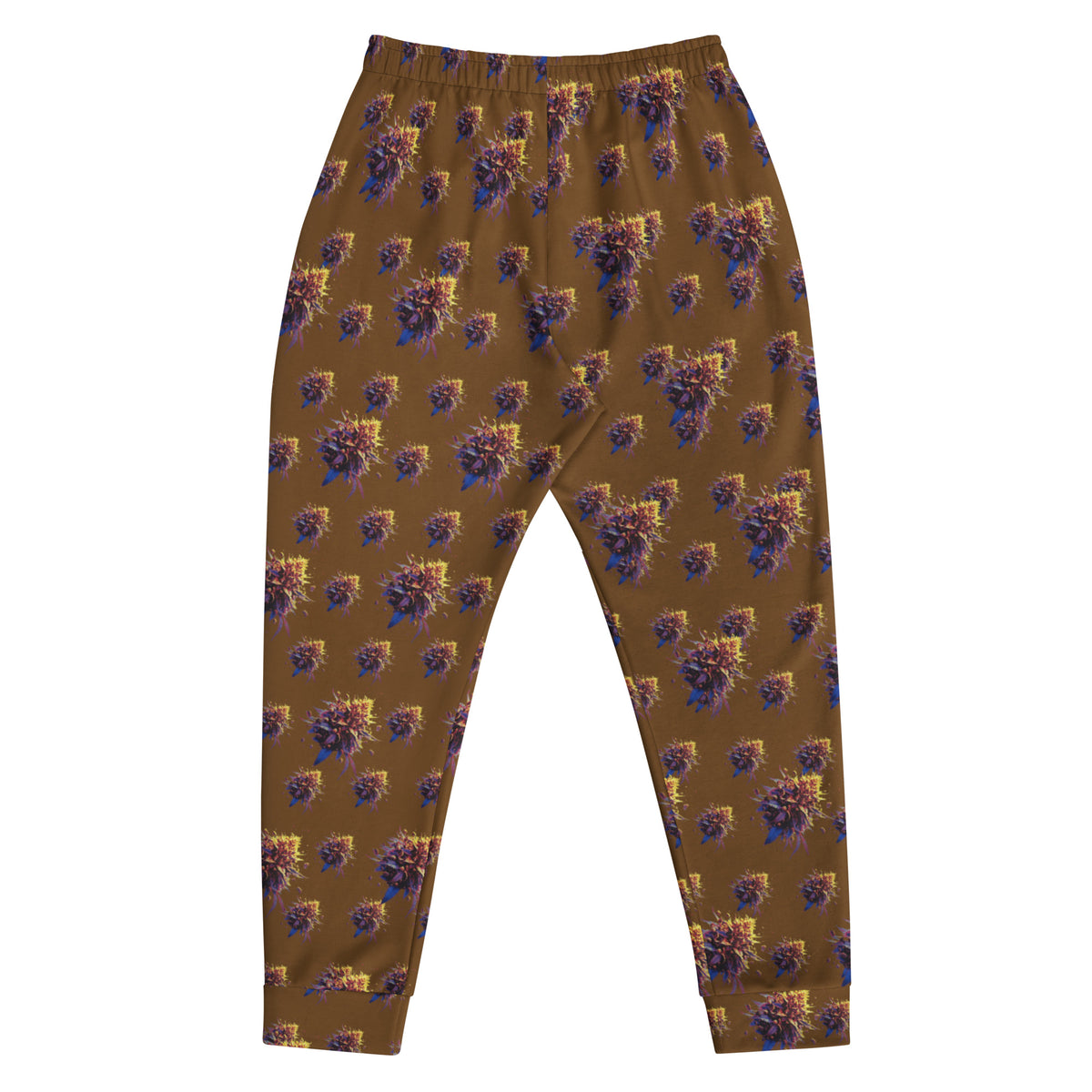 Flying Bud Men's Cannabis Joggers by BudWear, all-over print recycled cotton joggers in white, back view showing detailed design.