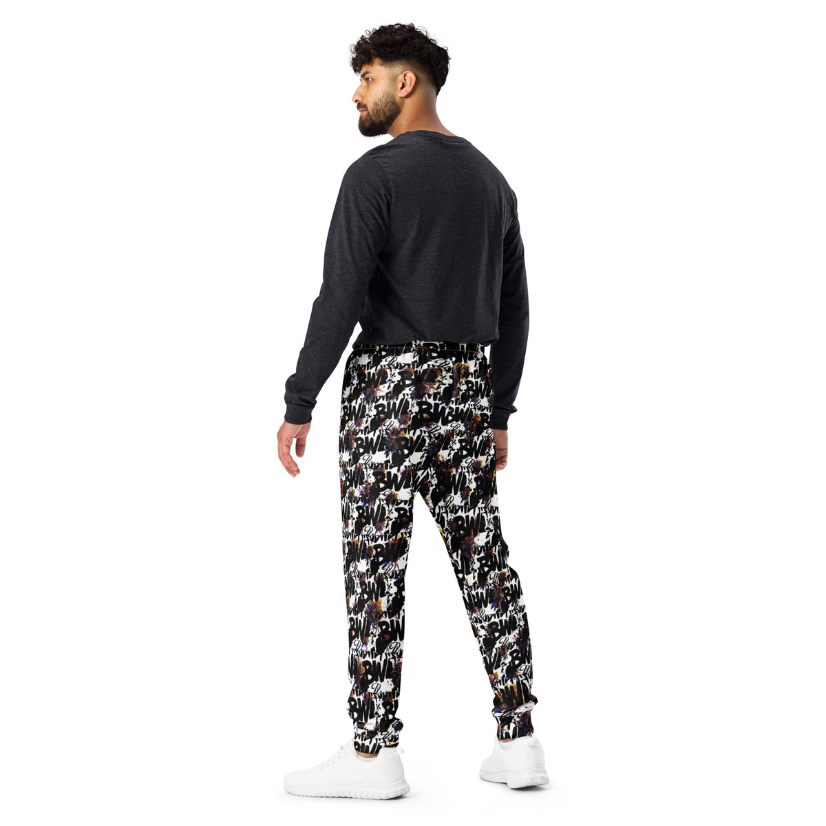 Men's white BudWear all-over-print recycled joggers with a casual fit, shown from the back with a visible print design.