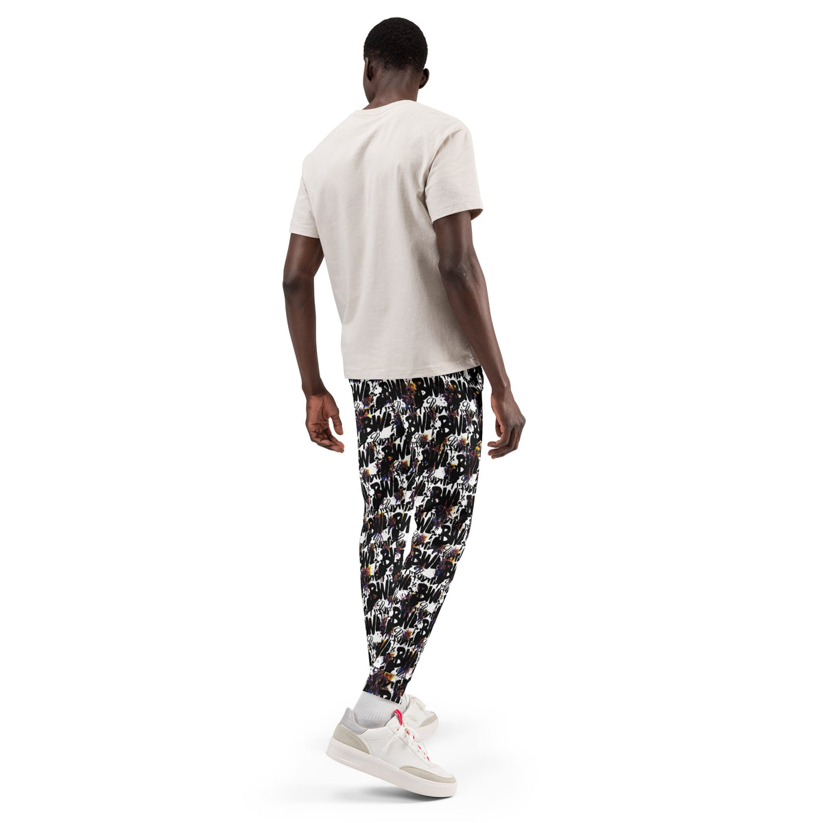 Men's all-over-print white recycled joggers by BudWear, featuring a stylish cut-sew design and comfortable fit.
