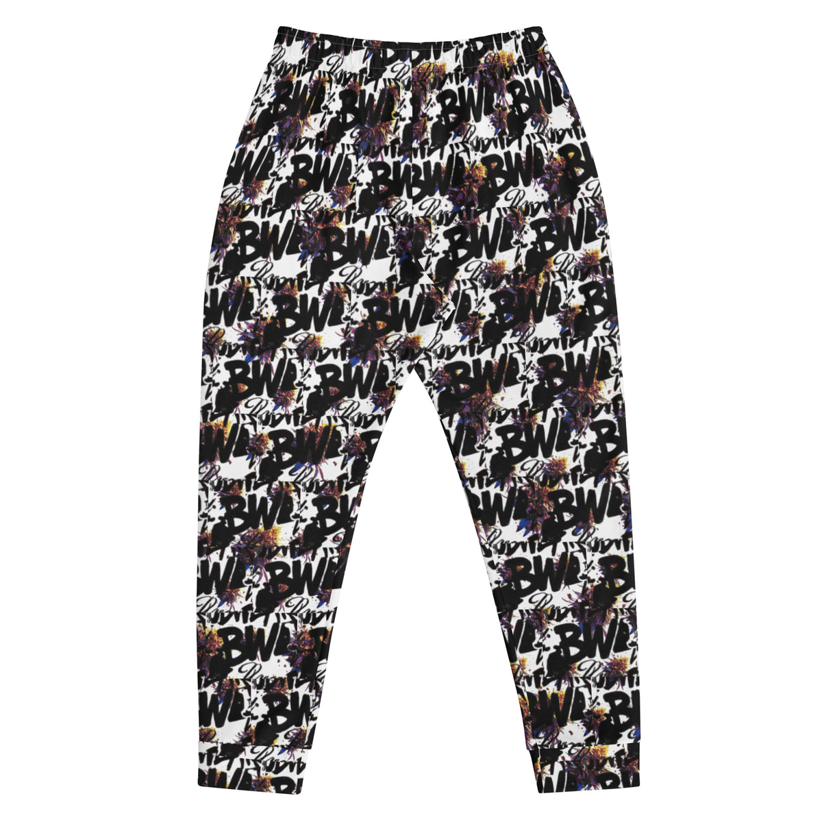 Men's white BudWear all-over-print recycled joggers, cut-sew style, shown from the back with vibrant pattern details.