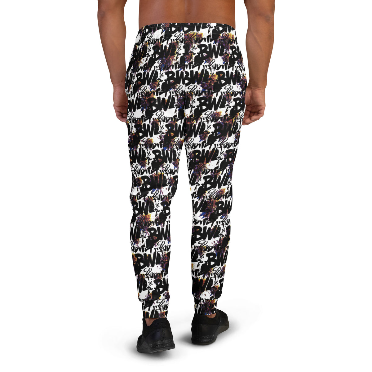 Men's white all-over-print recycled cotton joggers by BudWear, casual cut-sew joggers with a stylish design on the back.