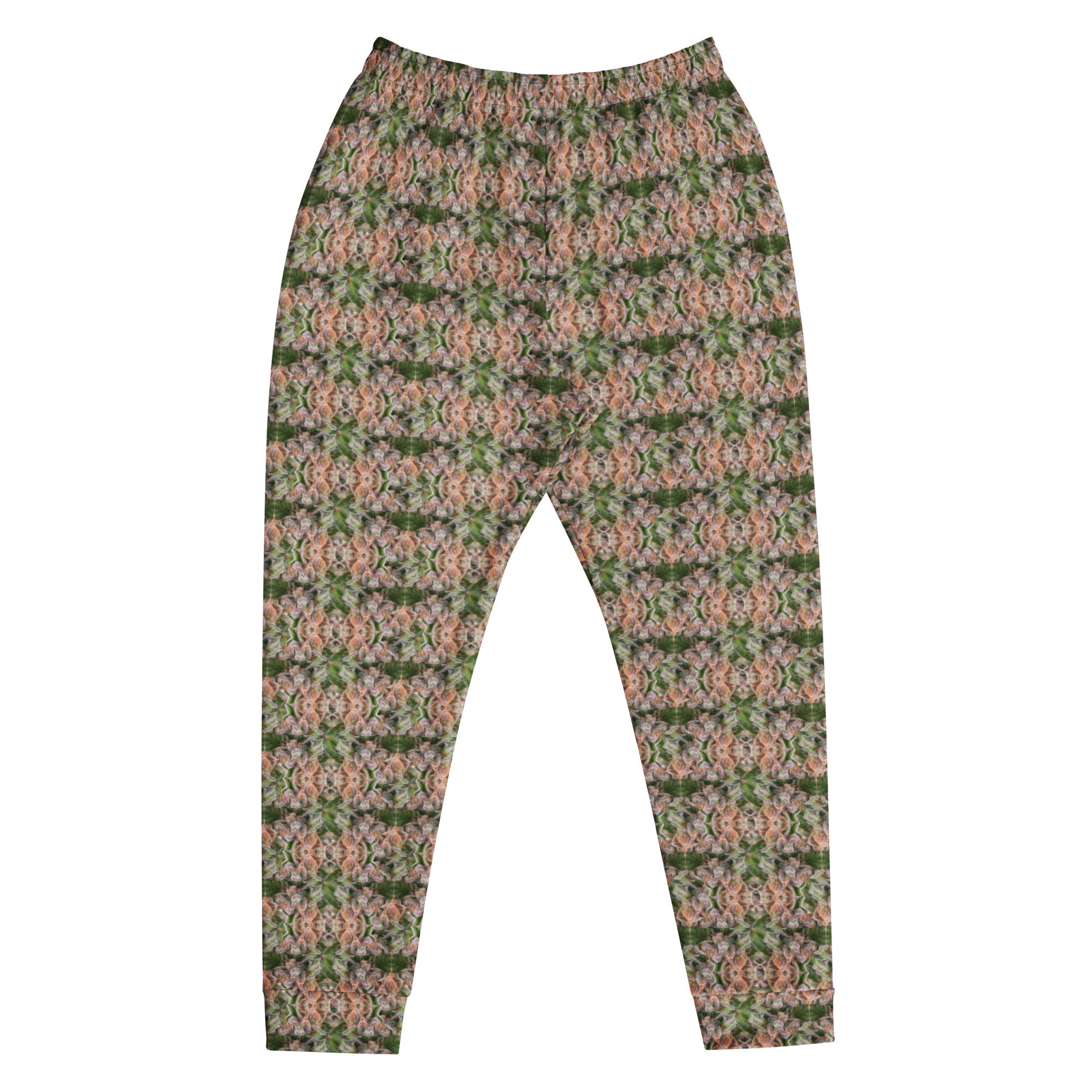 Men's brown cannabis print joggers by BudWear featuring all-over recycled fabric design and comfortable fit.
