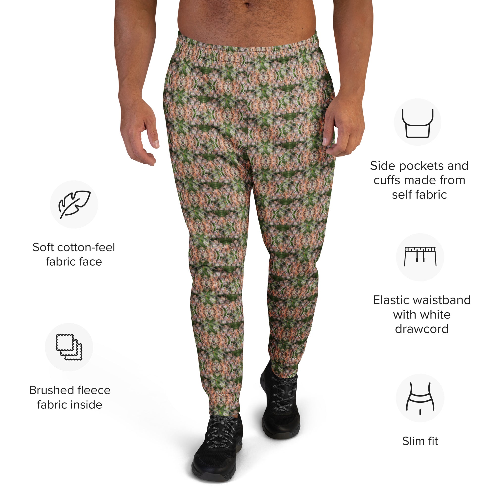 Men's brown cannabis print joggers by BudWear featuring all-over recycled cannabis leaf design on white fabric.