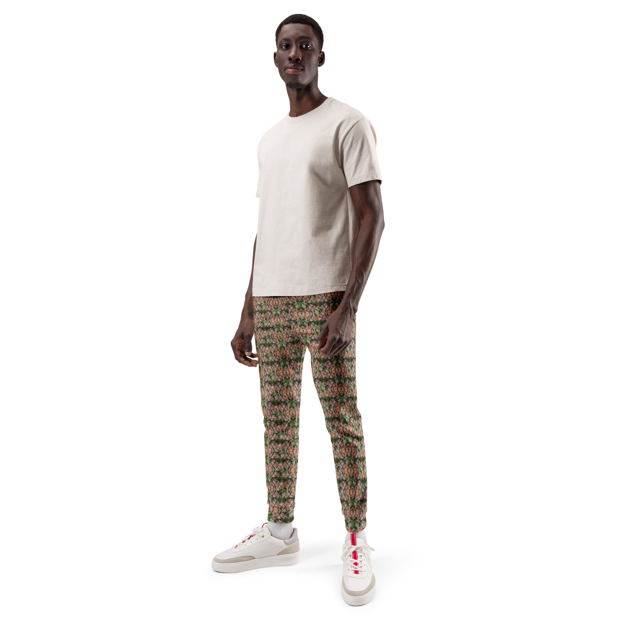 Men's brown cannabis print joggers by BudWear featuring all-over recycled fabric and comfortable cut-sew style.