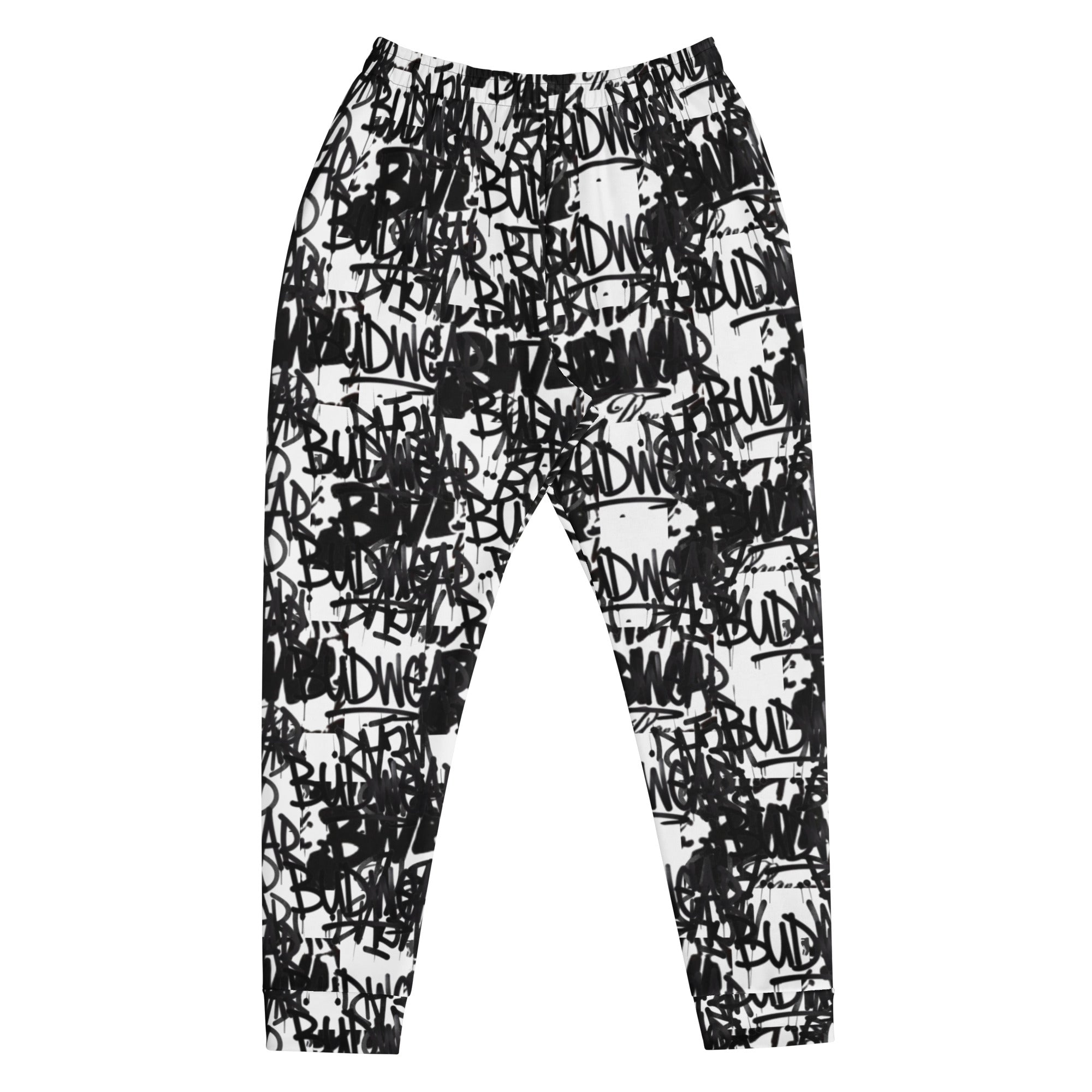White BudWear Signature men's joggers with all-over recycled print, featuring a comfortable cut-sew design and relaxed fit.