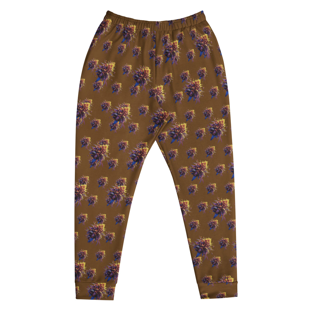 Flying Bud Men's Cannabis Joggers by BudWear, white all-over print, cut-sew recycled fabric, front view showing design details.
