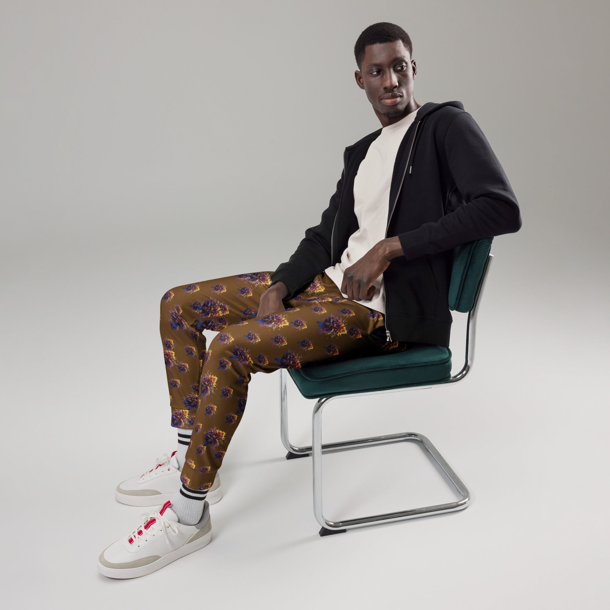 Flying Bud Men's Cannabis Joggers by BudWear, all-over-print recycled white cotton joggers with a casual fit and detailed cannabis design.