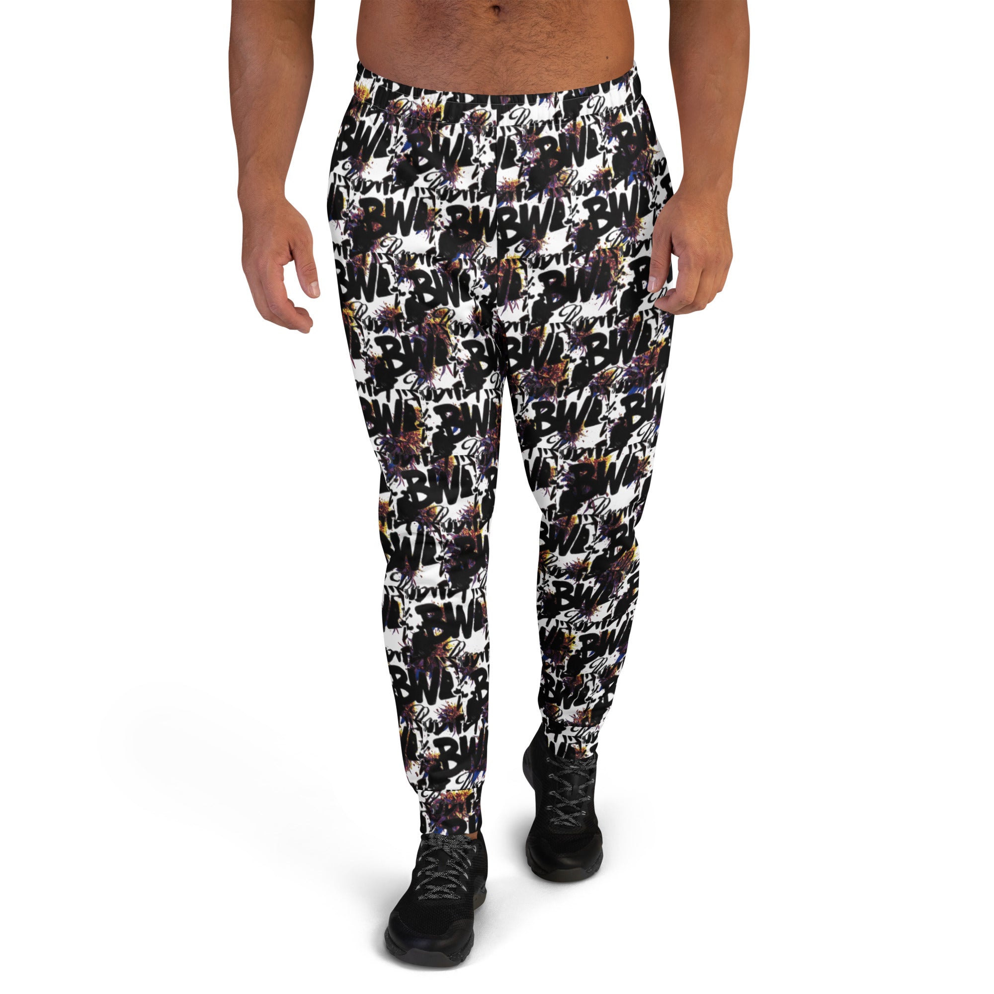 Men's white CUT-SEW recycled joggers by BudWear with all-over print, front view showcasing casual, eco-friendly athletic style.