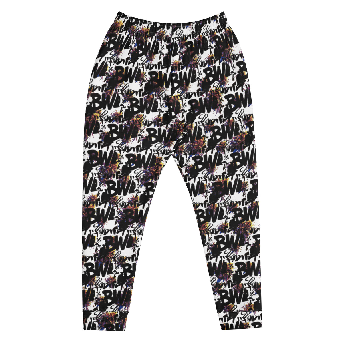 Men's white all-over print recycled joggers from BudWear, featuring a comfortable cut-sew design and eco-friendly fabric.