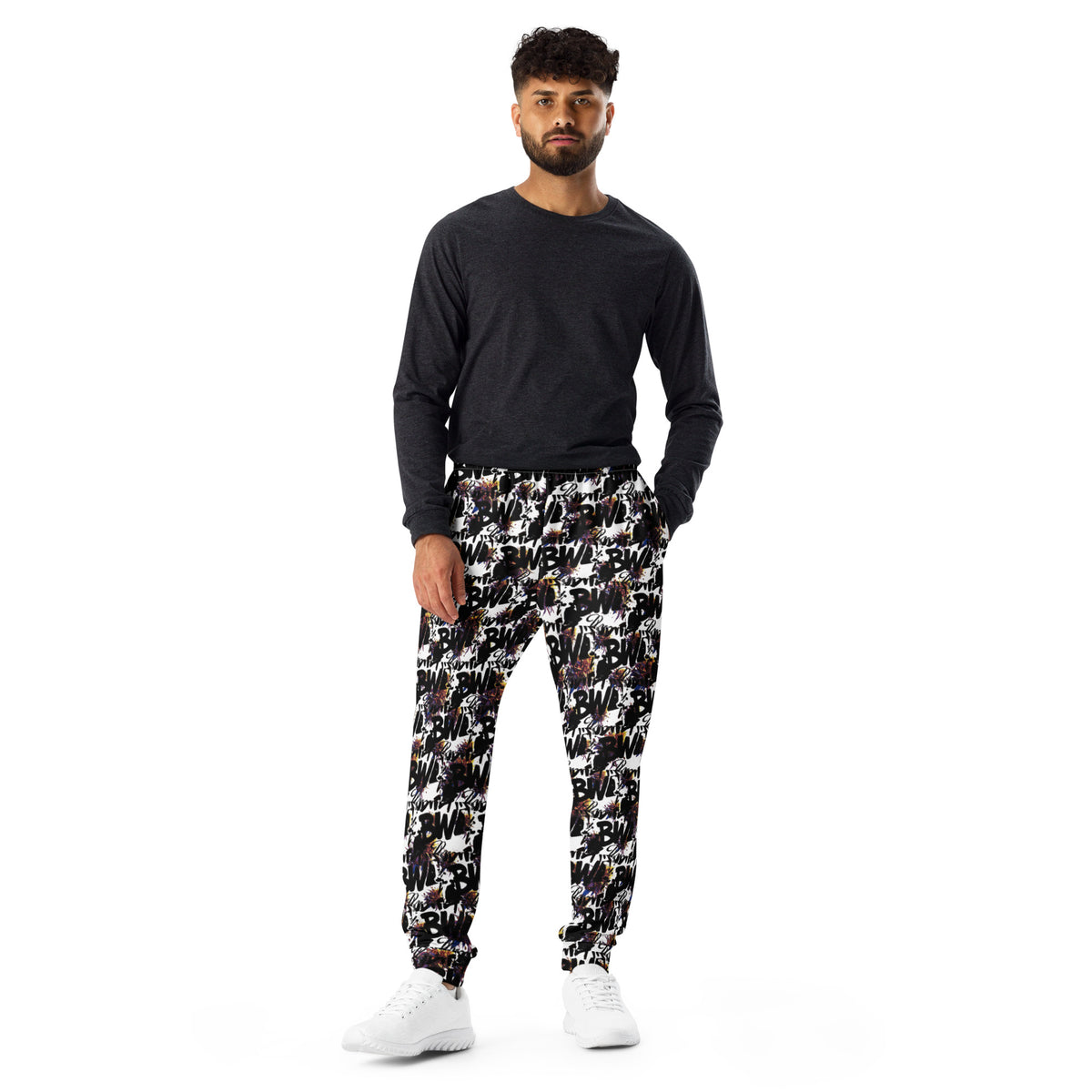 Men's white all-over print recycled joggers by BudWear, featuring a comfortable cut-sew design with colorful abstract patterns.