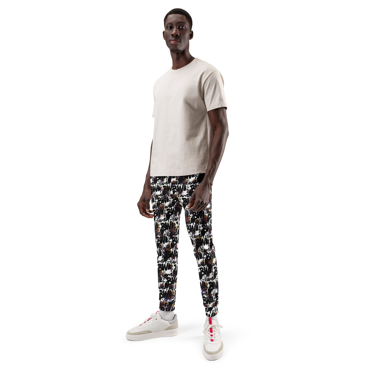 Men's white BudWear recycled all-over-print joggers with a casual fit and stylish design, front view.
