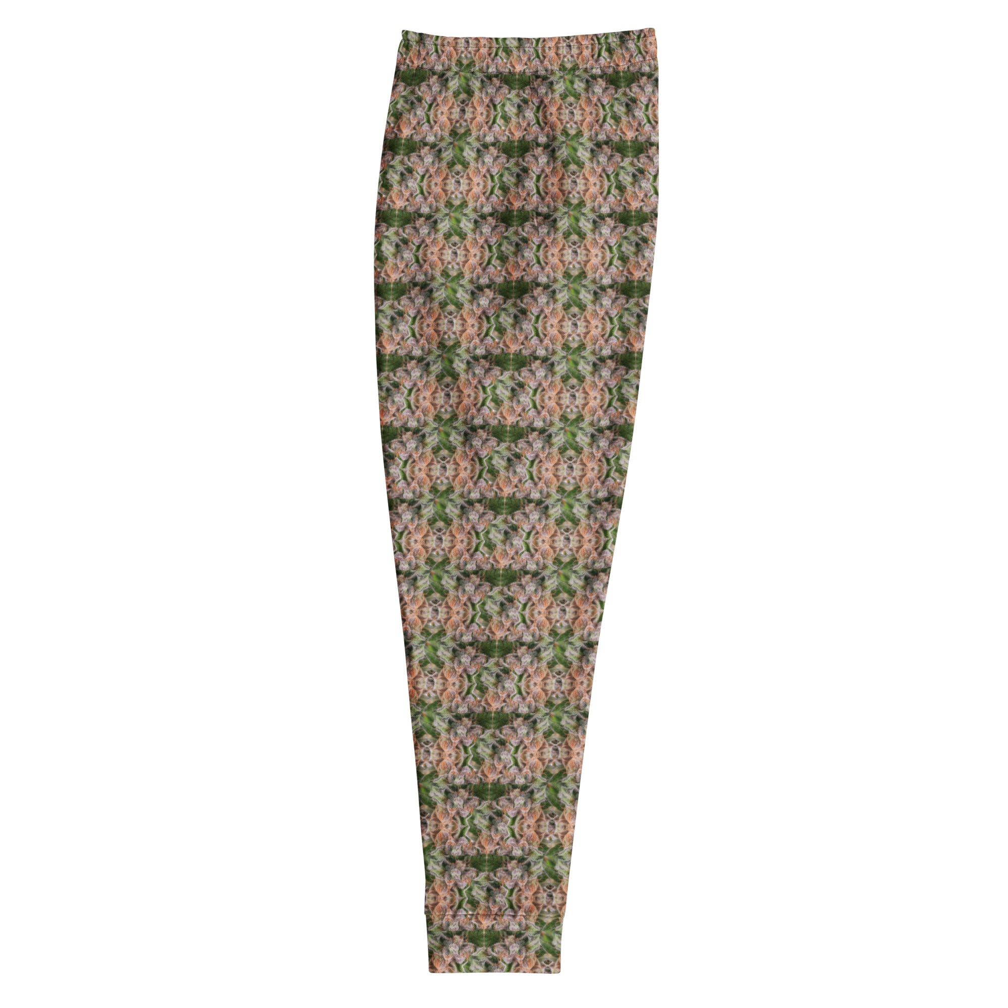 Men's Brown Cannabis Print Joggers by BudWear, all-over white recycled fabric with green cannabis leaf design, casual style.