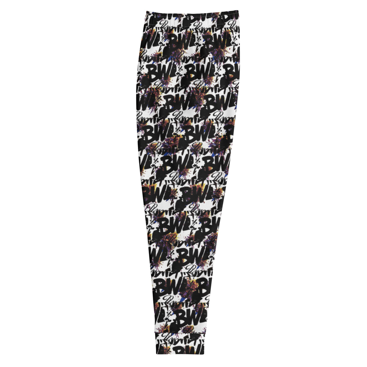 Men's white BudWear all-over-print recycled cotton joggers with casual fit and elastic waistband, designed for comfort and style.