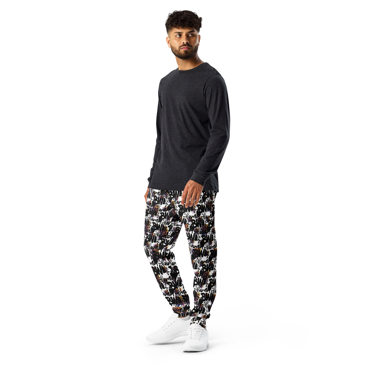 Men's white BudWear recycled all-over-print joggers with casual fit and stylish design, shown from the left side.