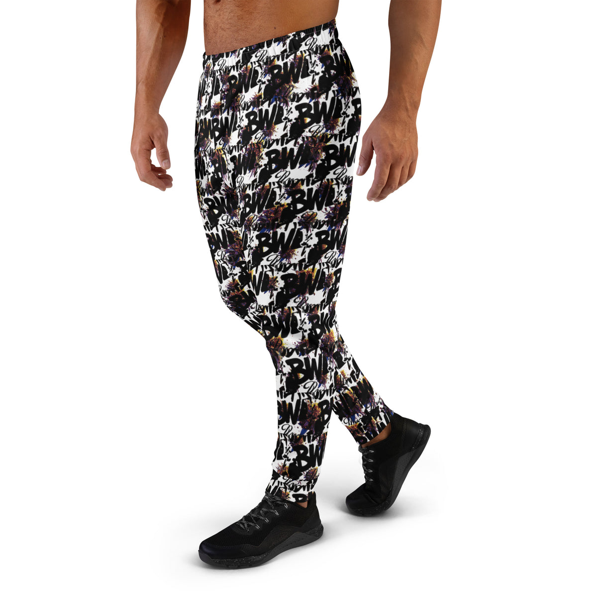 Men's white all-over print recycled joggers by BudWear, featuring a comfortable cut-sew design and eco-friendly fabric.