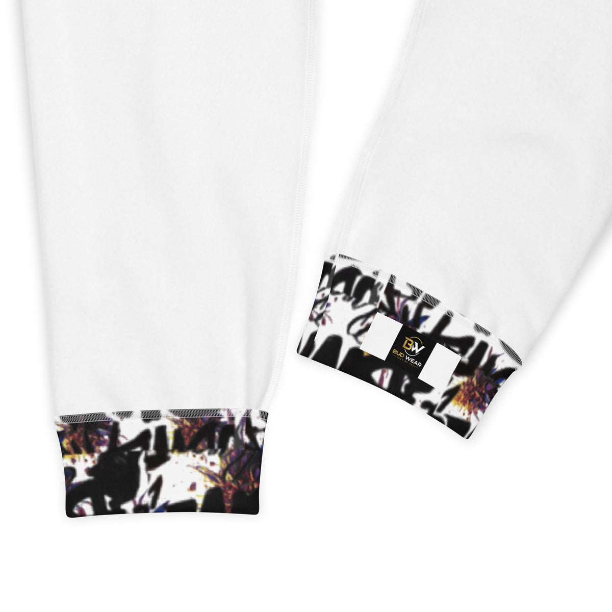 Men's white all-over-print recycled joggers by BudWear, featuring a stylish cut-sew design and eco-friendly fabric.