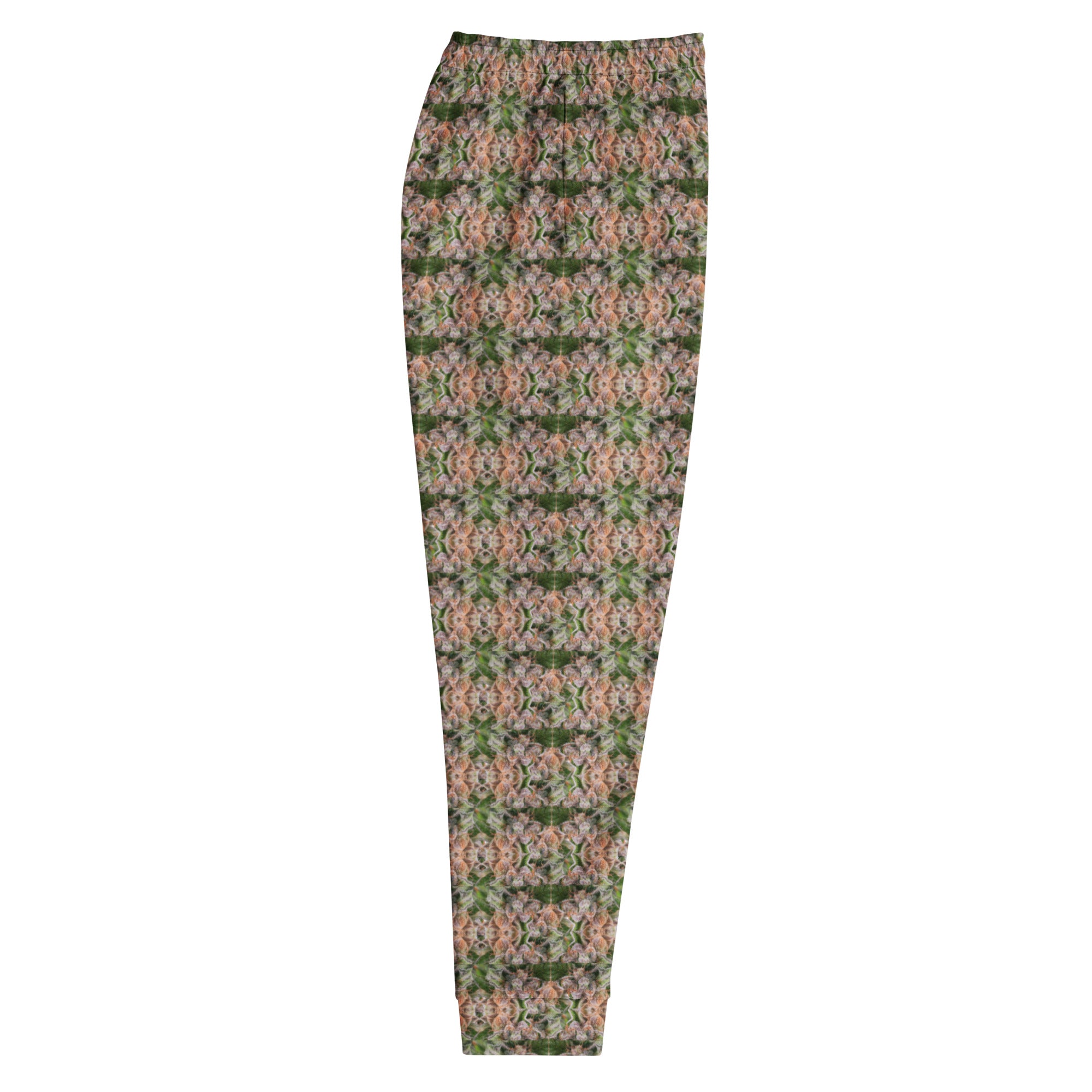 Men's brown cannabis print joggers by BudWear, all-over recycled fabric with a casual fit and detailed cannabis leaf pattern.